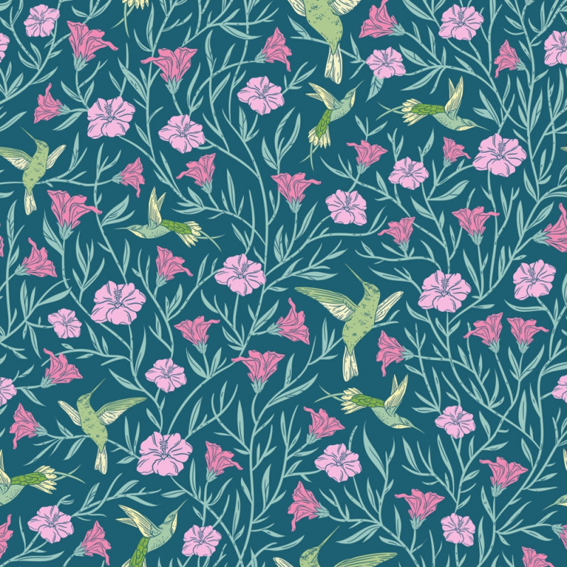 Kolibri med blommor petrol